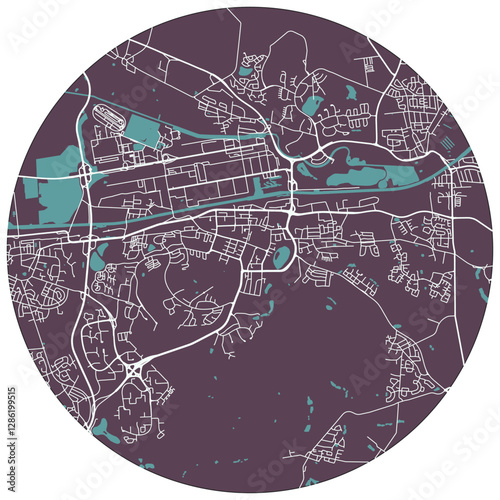 Wolfsburg vector minimalist street map of a German city on a dark purple round background