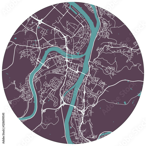 Koblenz vector minimalist street map of a German city on a dark purple round background