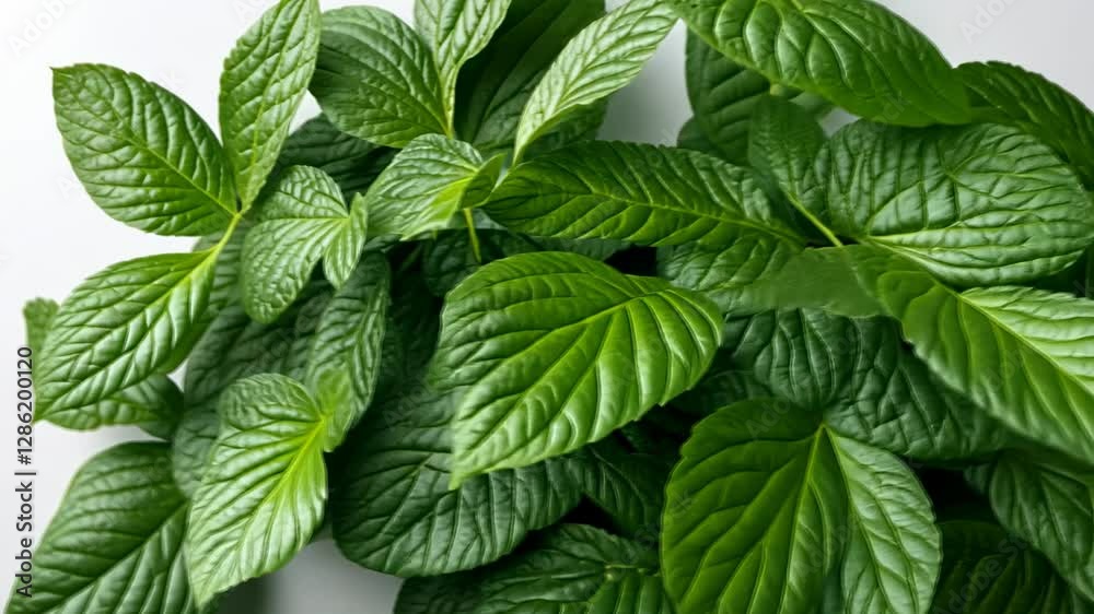 Fresh Green Mint Leaves on White Background Fresh Green Mint Leaves on White Background