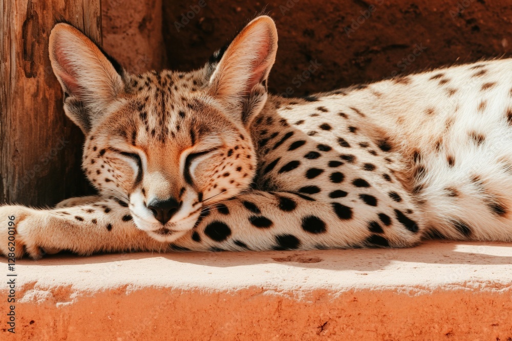 Serene african serval cat resting in sunlight on warm sandstone surface Serene african serval cat resting in sunlight on warm sandstone surface