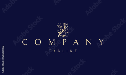 Vector golden logo with an abstract image of a branchy tree on the hills.