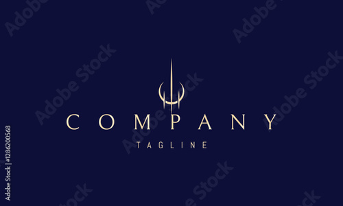 Vector golden logo with an abstract image of a sword made of rays of light against the background of the moon.
