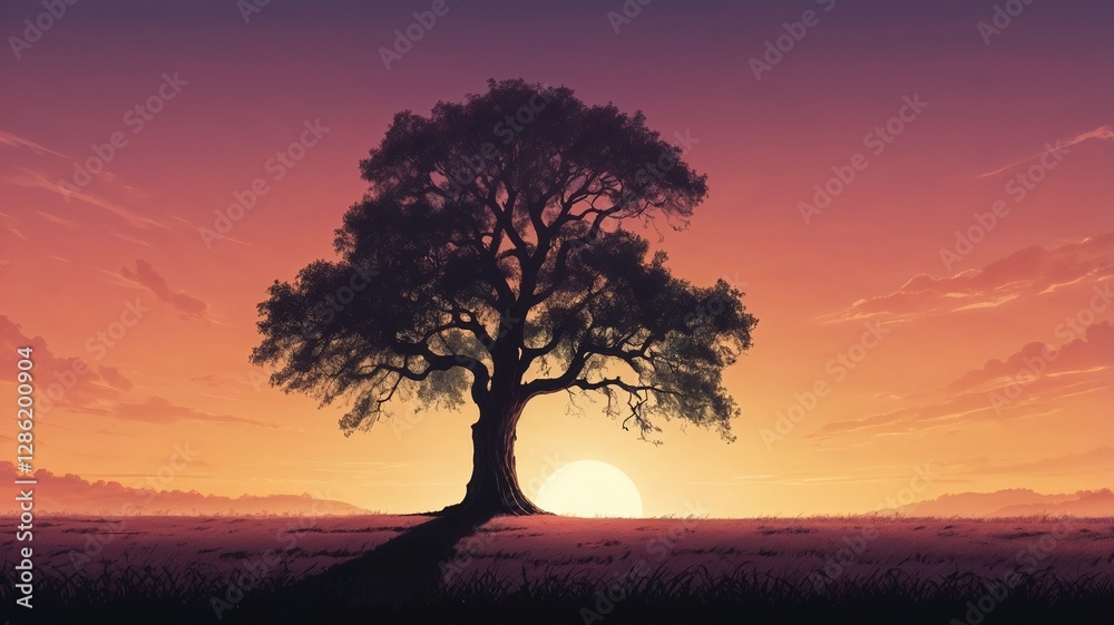 Majestic Silhouette of a Tree Against a Vibrant Sunset in a Serene Landscape
Majestic Silhouette of a Tree Against a Vibrant Sunset in a Serene Landscape