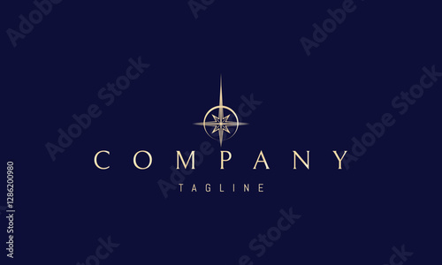 Vector golden logo with an abstract image of a shining star against the background of the sun.