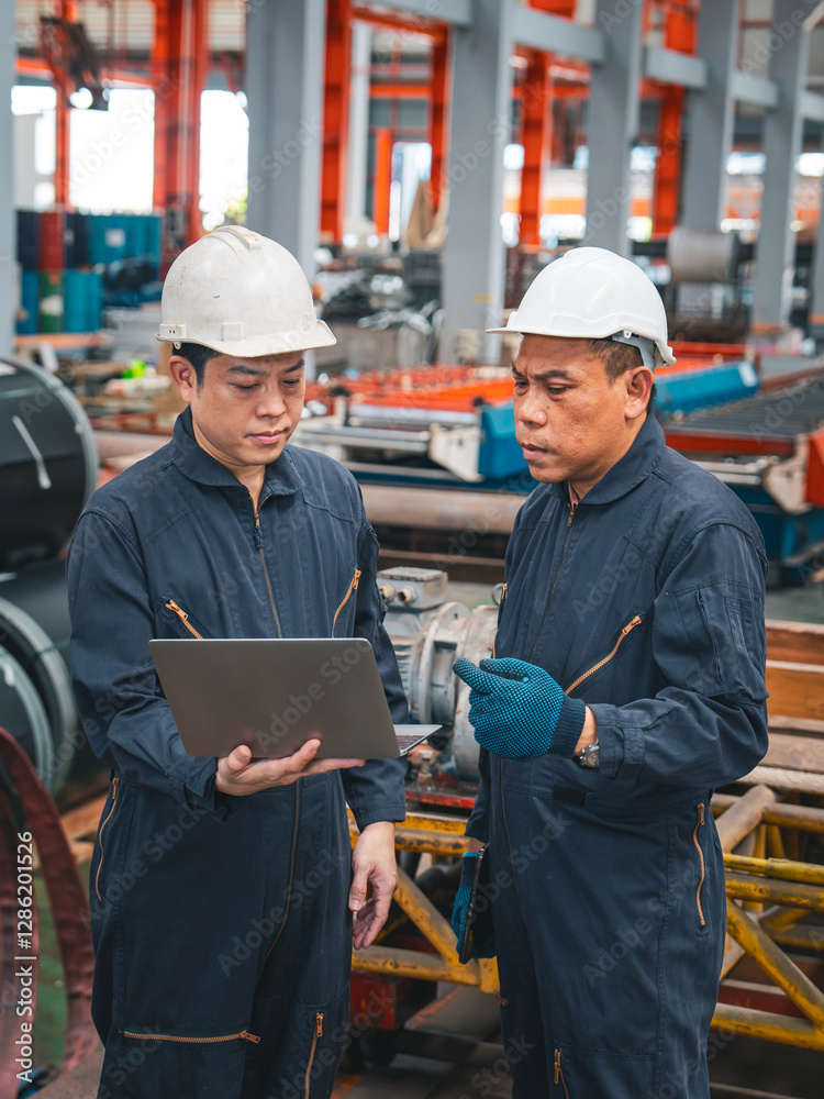 Professional engineering manager is discussing or complaining about the quality's error or mistake of Plate rolling order or metal sheet production of his co-worker. Concept of failure in factory. Professional engineering manager is discussing or complaining about the quality's error or mistake of Plate rolling order or metal sheet production of his co-worker. Concept of failure in factory.