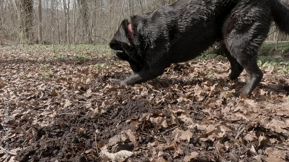 Playful black Labrador jumps excitedly after a tennis ball in a lush forest. The dog's energy and agility shine in this dynamic slow-motion shot, capturing a joyful and lively moment in nature Playful black Labrador jumps excitedly after a tennis ball in a lush forest. The dog's energy and agility shine in this dynamic slow-motion shot, capturing a joyful and lively moment in nature