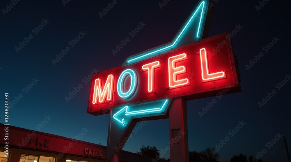 Obraz premium Vintage neon motel sign glowing in red and blue against a dark night sky