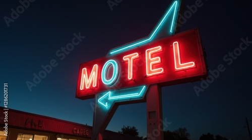 Vintage neon motel sign glowing in red and blue against a dark night sky