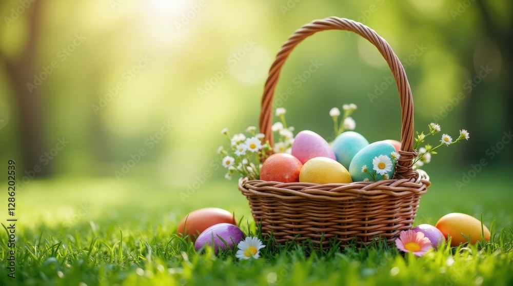 Easter basket filled with colorful eggs and flowers on green grass under sunlight Easter basket filled with colorful eggs and flowers on green grass under sunlight