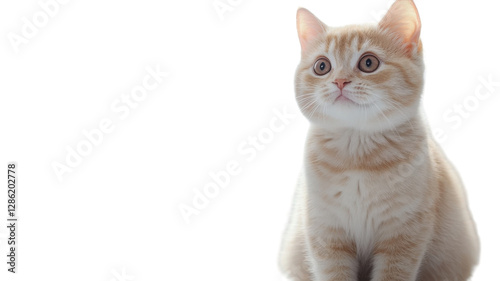 Domestic cat sitting calmly against a white background, displaying curiosity and a soft expression during a moment of stillness