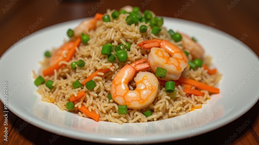 An elegant plate of fried rice with shrimp, peas, and carrots, garnished with green onions, showcasing a delicious Asian-inspired dish perfect for a dinner setting An elegant plate of fried rice with shrimp, peas, and carrots, garnished with green onions, showcasing a delicious Asian-inspired dish perfect for a dinner setting