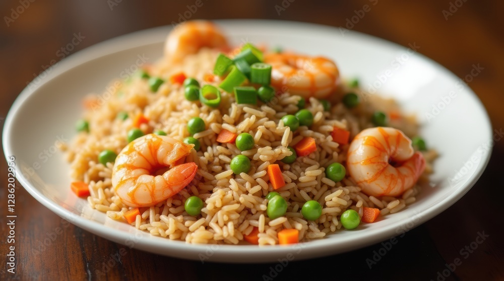 An elegant plate of fried rice with shrimp, peas, and carrots, garnished with green onions, showcasing a delicious Asian-inspired dish perfect for a dinner setting An elegant plate of fried rice with shrimp, peas, and carrots, garnished with green onions, showcasing a delicious Asian-inspired dish perfect for a dinner setting