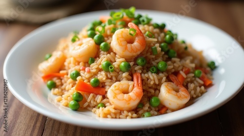 Wallpaper Mural An elegant plate of fried rice with shrimp, peas, and carrots, garnished with green onions, showcasing a delicious Asian-inspired dish perfect for a dinner setting Torontodigital.ca