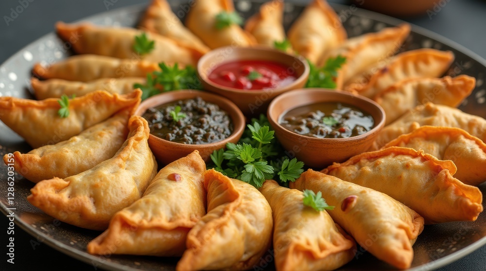 An elegant platter of assorted samosas, including vegetable and meat fillings, beautifully arranged with dipping sauces An elegant platter of assorted samosas, including vegetable and meat fillings, beautifully arranged with dipping sauces