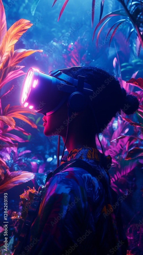 Fototapeta premium Exploring virtual reality unveils a world of imagination and wonder. The vibrant colors and lush plants create an immersive experience. Generative AI