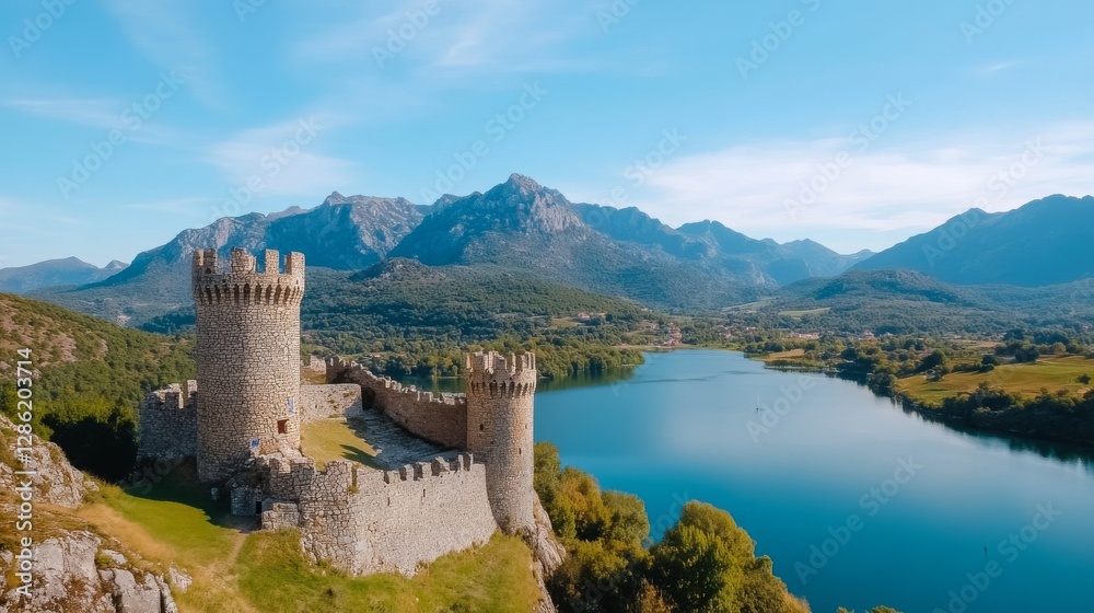 Naklejka premium Mountain Castle by Lakeside