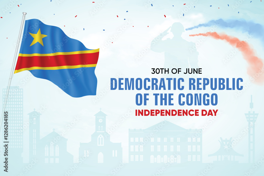 Fototapeta premium Democratic Republic of Congo Flag Waving On Skyline Background. Independence Day Concept Design Vector Illustration.