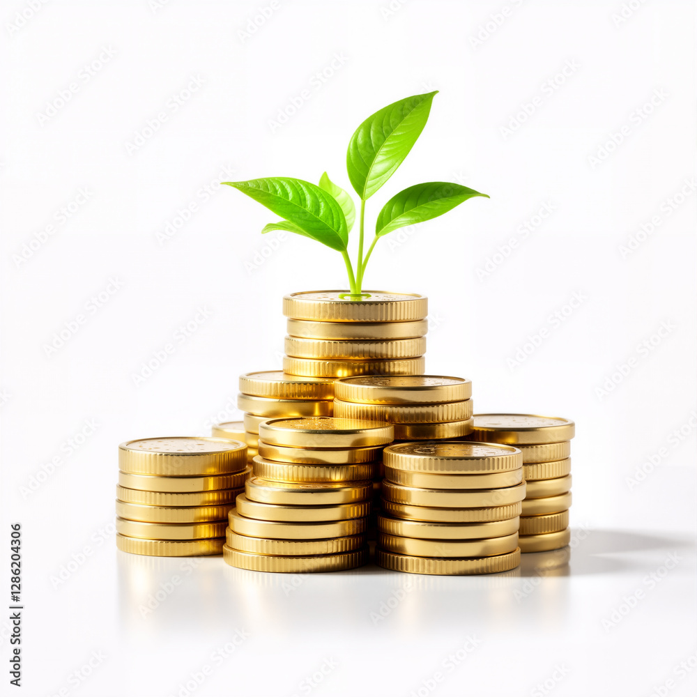 Growth & Prosperity: A seedling sprouts from stacks of gold coins, symbolizing investment and financial growth. Growth & Prosperity: A seedling sprouts from stacks of gold coins, symbolizing investment and financial growth.
