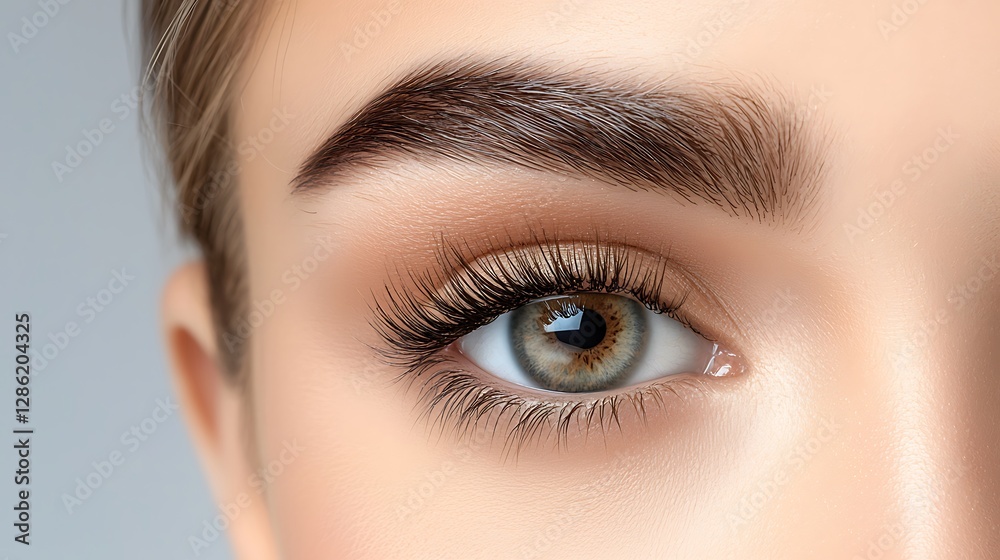 Fototapeta premium Extreme close-up macro shot of a woman's well-defined brown eyebrow, where a miniature blond cosmetologist in a beige spa uniform stands on a small white wooden ladder, precisely dyeing the 