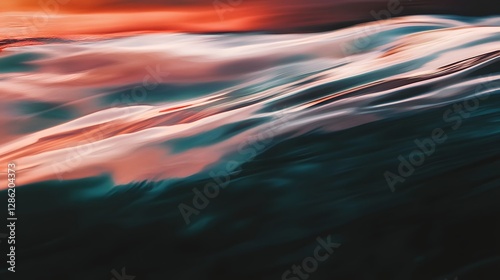 Captivating close up of shimmering water at sunset featuring a mesmerizing kaleidoscope of crimson jade and amber hues with a cinematic motion blur and depth of field creating a dreamlike