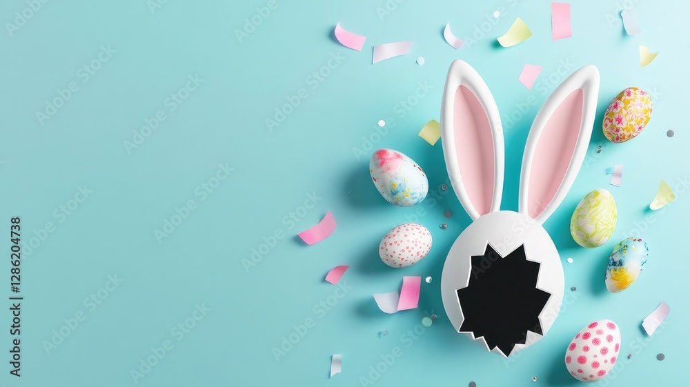 Obraz premium Easter Banner with White Bunny Ears and Pastel Eggs Embellishment - 3D Rendered Illustration, High Resolution, Professional Color Correction