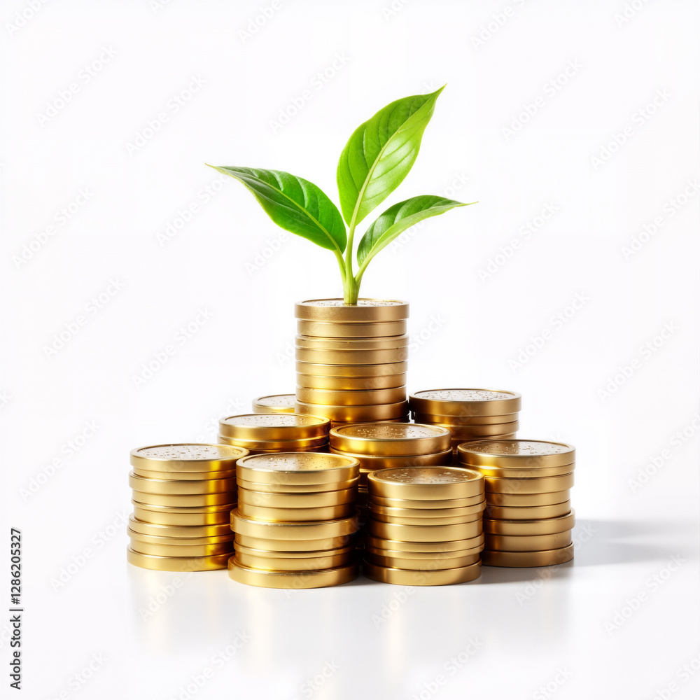 Plant growing from a stack of golden coins represents investment growth and financial prosperity. Plant growing from a stack of golden coins represents investment growth and financial prosperity.