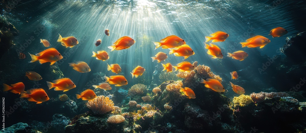 Naklejka premium Sunlight Streams Through Coral Reef, Fish Schooling.