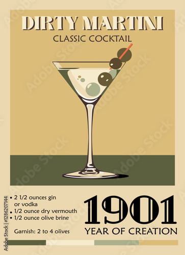 Dirty Martini cocktail poster in retro mid century modern style with recipe. Popular alcohol drink bar cart digital art. Colorful flat vector illustration