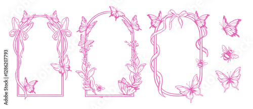 Spring frame set, vector hand drawn line butterfly border wedding doodle collection, floral graphic. Pink aesthetic romantic invitation print, elegant ribbon bow arch. Spring frame greeting design