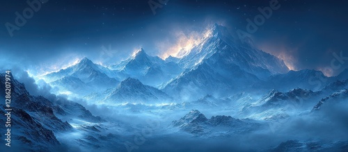 Majestic snow-capped mountain range at dawn.