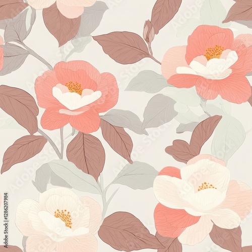 Pastel Peach and White Camellia Seamless Floral Pattern on Beige Background