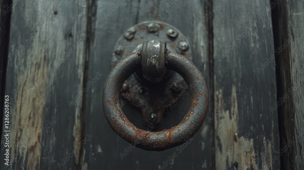 Old metal door knocker on a wooden door, soft light highlighting its rust and wear Old metal door knocker on a wooden door, soft light highlighting its rust and wear