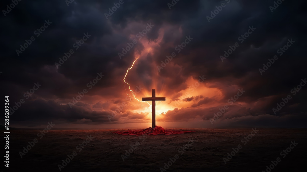 Naklejka premium dramatic scene featuring cross illuminated by lightning against dark, stormy sky. atmosphere evokes sense of awe and reverence, with deep shadows and vibrant colors