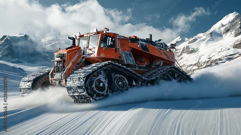 A large, orange tracked vehicle navigates a snow-covered terrain with mountains in the background. A large, orange tracked vehicle navigates a snow-covered terrain with mountains in the background.