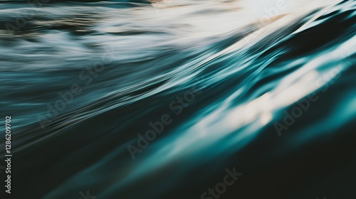 Mesmerizing close up of flowing iridescent underwater waves in shades of viridian teal and aquamarine with a cinematic blur effect and depth of field captured at sunset for a captivating
