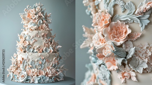 A beautifully decorated wedding cake with intricate icing designs and floral accents.