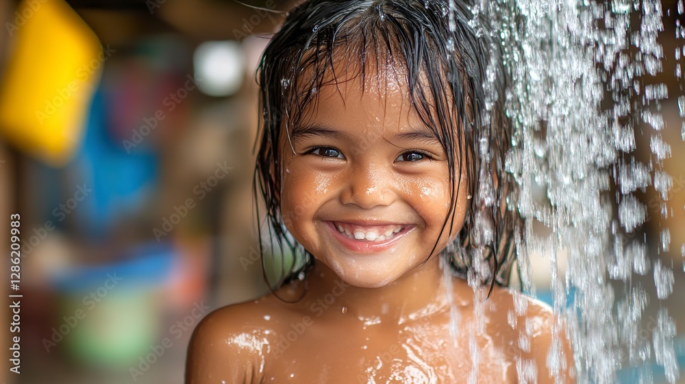 Joyful Child Bathing Under Waterfall, Pure Happiness and Clean Water Joyful Child Bathing Under Waterfall, Pure Happiness and Clean Water