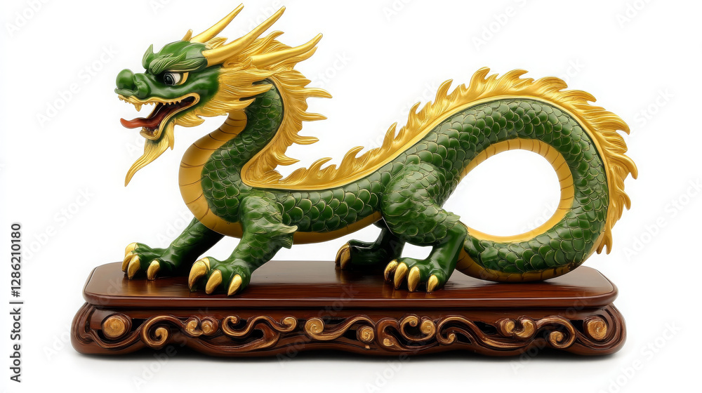 Fototapeta premium beautifully crafted green and gold dragon sculpture, showcasing intricate details and vibrant colors, perfect for home decor or as unique gift