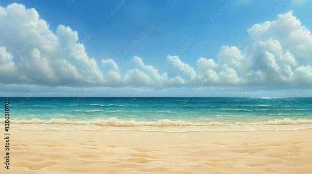 breathtaking coastal view of tropical beach with soft sand, gentle waves, and vibrant blue skies filled with fluffy clouds. This serene landscape evokes sense of tranquility and relaxation breathtaking coastal view of tropical beach with soft sand, gentle waves, and vibrant blue skies filled with fluffy clouds. This serene landscape evokes sense of tranquility and relaxation