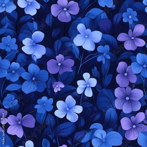 Seamless Blue And Purple Flower Pattern Dark Background