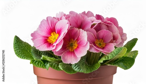 spring time blossom of pink primroses flowers in pot front view close up isolated photo