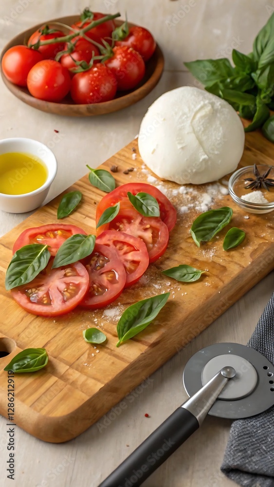 Wooden cutting board with sliced tomatoes, basil, and a ball of mozzarella cheese. Wooden cutting board with sliced tomatoes, basil, and a ball of mozzarella cheese.