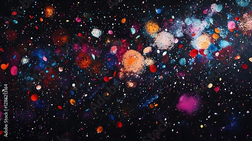 Starry night sky filled with large bursts of colorful fireworks, accompanied by shimmering confetti.