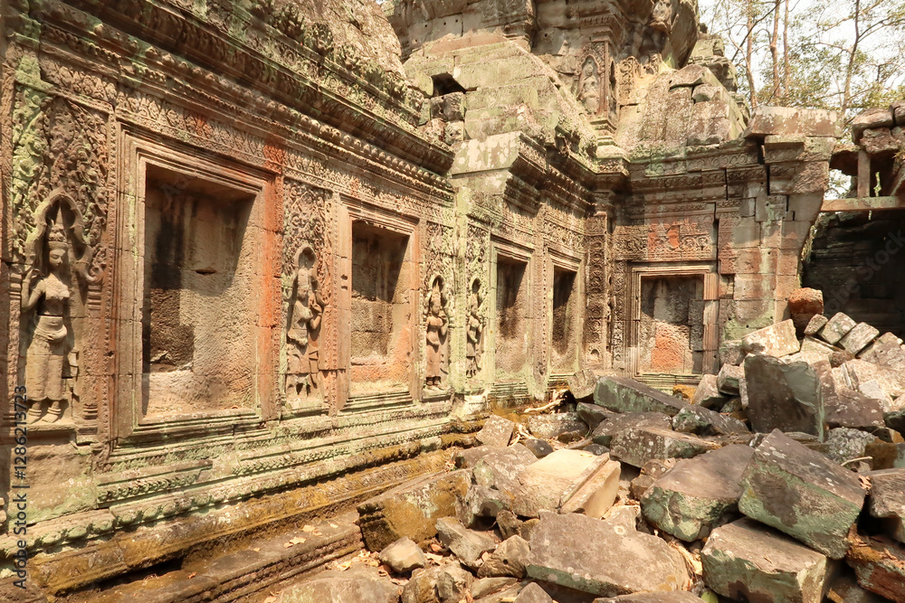 Inside the Ta Prohm Temple, apsaras are carved into a wall covered with red and green moss, lichens, next to big stones, bricks, Angkor Wat, Siem Reap, Cambodia Inside the Ta Prohm Temple, apsaras are carved into a wall covered with red and green moss, lichens, next to big stones, bricks, Angkor Wat, Siem Reap, Cambodia