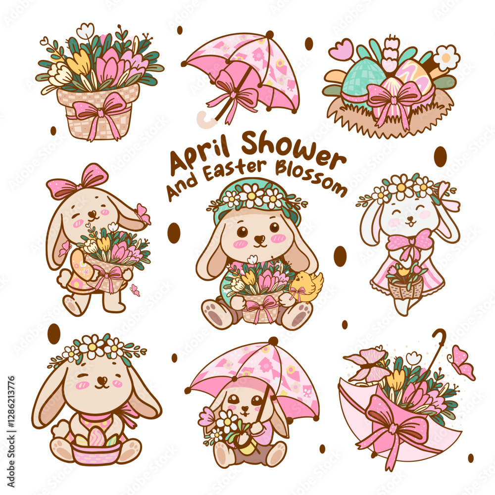 Fototapeta premium Cute april shower and easter blossom elements isolated on white background. Vector illustration.