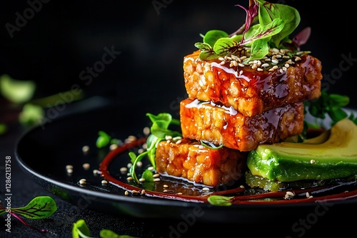 Vegan tempeh dishes offer a nutritious and delicious plant-based option. Delicious tempeh dish garnished with herbs and sesame seeds.