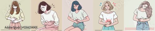 Vector collection of men and women with stomach ache