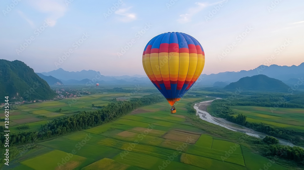 Fototapeta premium colorful hot air balloon soars high above lush green fields and winding rivers, creating stunning aerial view of landscape at sunset