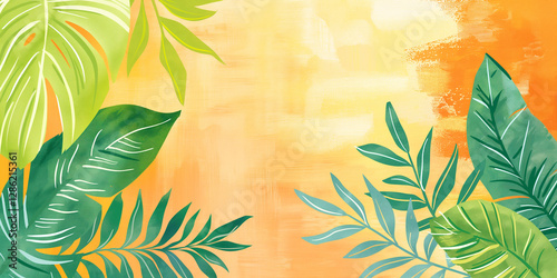 Flat Rustic Tropical Leaves on Vivid Lime and Orange Textures