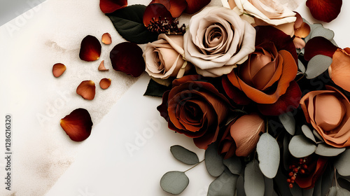 Fototapeta Naklejka Na Ścianę i Meble -  Roses and Petals Still Life Elegant arrangement of roses in warm, earthy tones alongside delicate rose petals, perfect for conveying love, romance, or celebrating a special day.